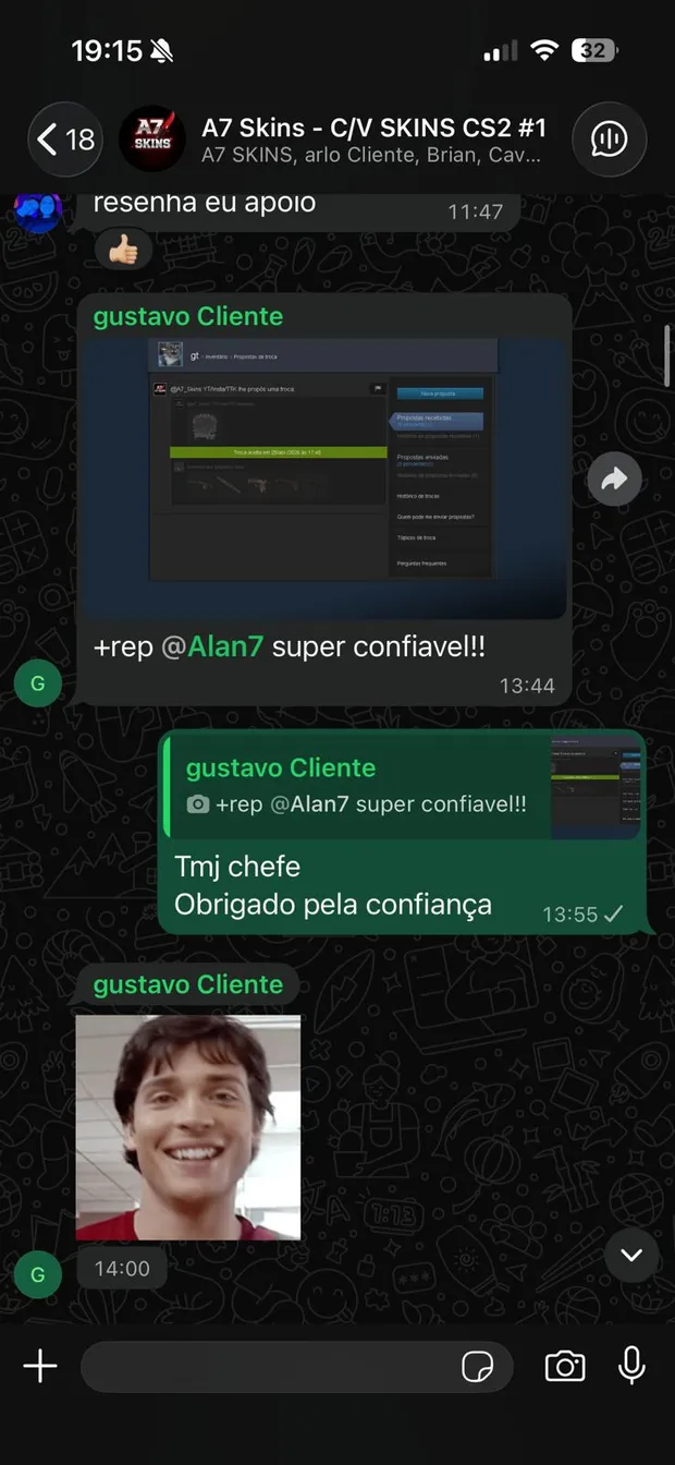 Cliente confirmando confiança na A7 Skins